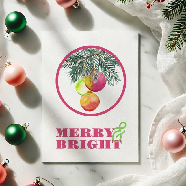 Pink Watercolor Christmas Cards (Merry and Bright Christmas cards features watercolor pink bauble art by Victoria Grigaliunas )