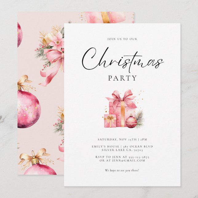 Pink Watercolor Christmas Party Invitation (Front/Back)
