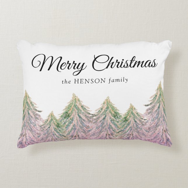 Pink Watercolor Christmas Tree Artistic  Accent Pillow (Front)
