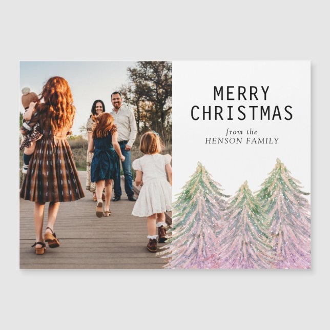 Pink Watercolor Christmas Tree Artistic Photo Card (Front)