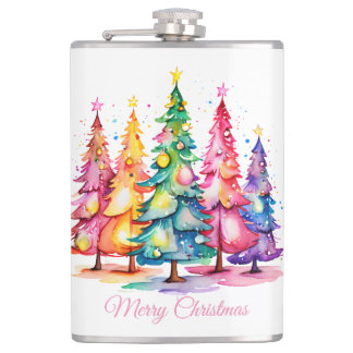Pink Watercolor Christmas Tree Flask
