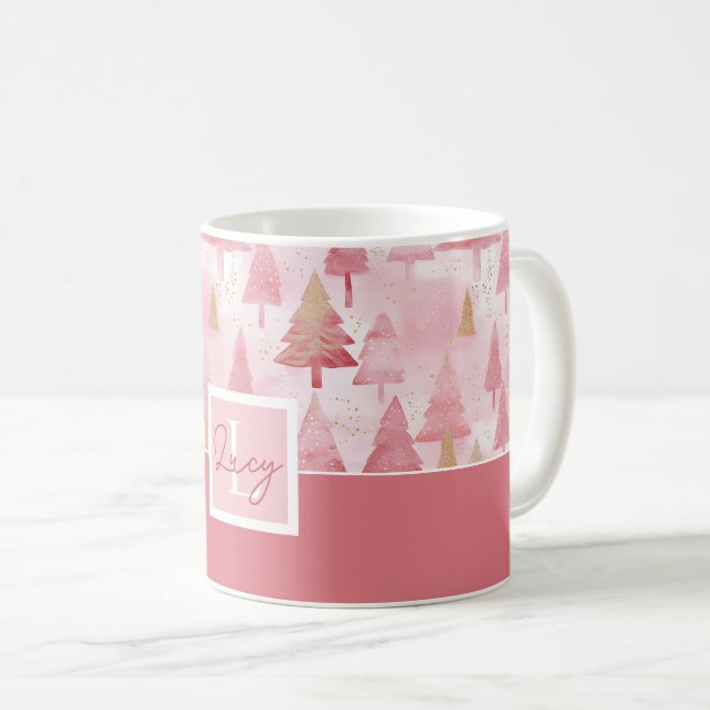 Pink Watercolor Christmas Tree Pattern Coffee Mug (Front Right)