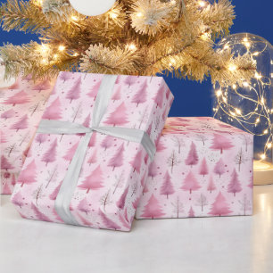 Pink Watercolor Christmas Tree Woodland Pattern Wrapping Paper