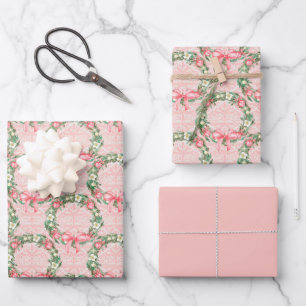 Pink Watercolor Christmas Wreath Wrapping Paper Sheet