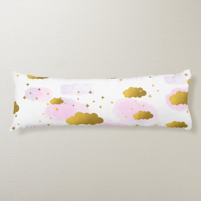 Pink Watercolor Clouds Gold Stars Sky  Body Pillow (Front)
