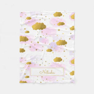 Pink Watercolor Clouds Gold Stars Sky Fleece Blanket