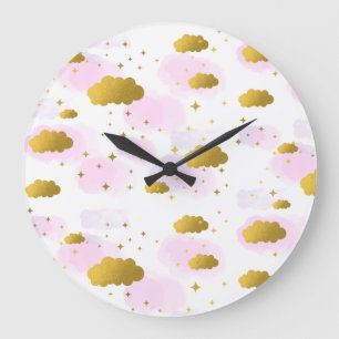 Pink Watercolor Clouds Gold Stars Sky Large Clock