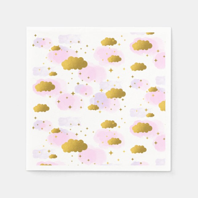 Pink Watercolor Clouds Gold Stars Sky Napkin (Front)