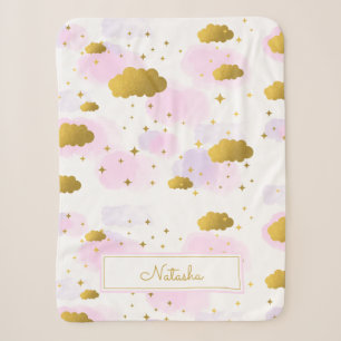 Pink Watercolor Clouds Gold Stars Sky  Sherpa Blanket