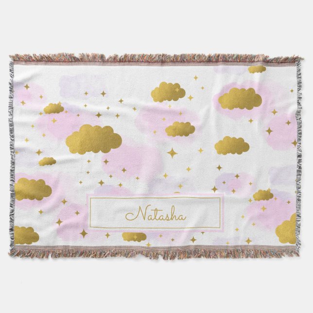 Pink Watercolor Clouds Gold Stars Sky  Throw Blanket (Front)