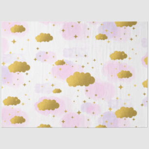 Pink Watercolor Clouds Gold Stars Sky Tissue Paper