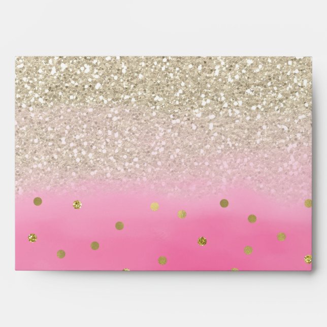 Pink Watercolor Confetti Faux Light Gold Glitter Envelopes (Front)