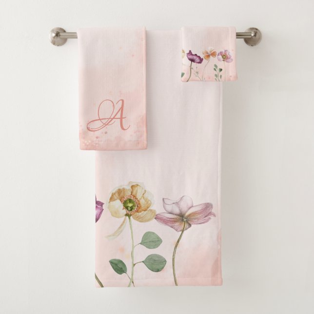 Pink Watercolor Country Floral Monogram Bath Towel Set (Insitu)