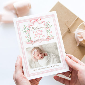 Pink Watercolor Crest Birth Announcement