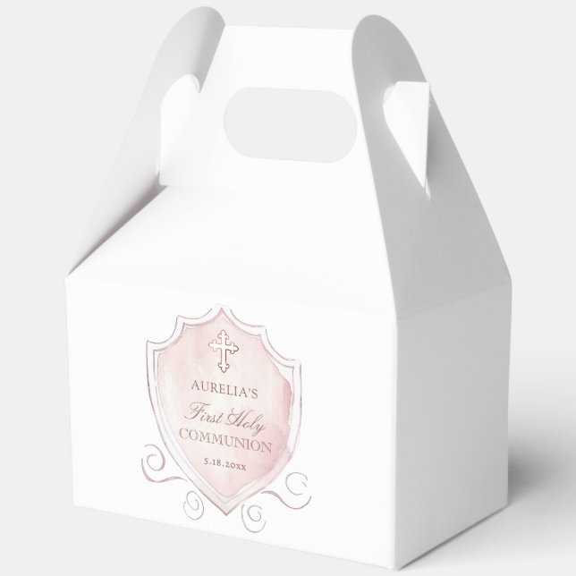 Pink Watercolor Crest First Communion Gable Favor Box (Front)