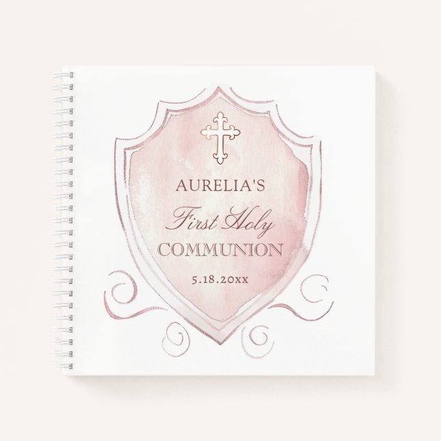 Pink Watercolor Crest First Communion Guest Book (Front)