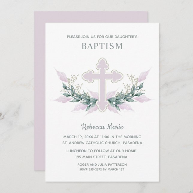 Pink Watercolor Cross Baptism Invitation (Front/Back)