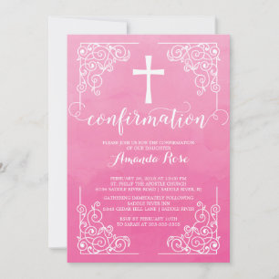 Pink Watercolor Cross Confirmation Invitation