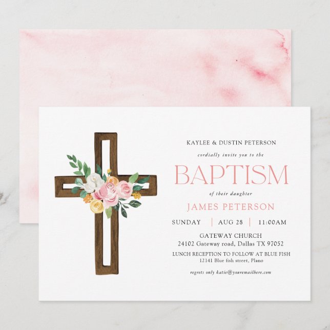 Pink Watercolor Cross Floral Baptism Invitation (Front/Back)