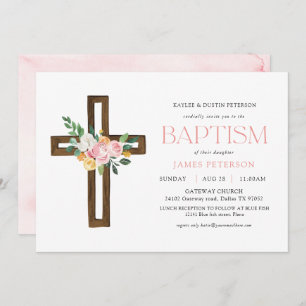 Pink Watercolor Cross Floral Baptism Invitation