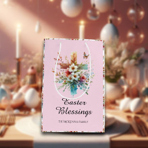 Pink Watercolor Cross Flowers Christian Easter  Medium Gift Bag