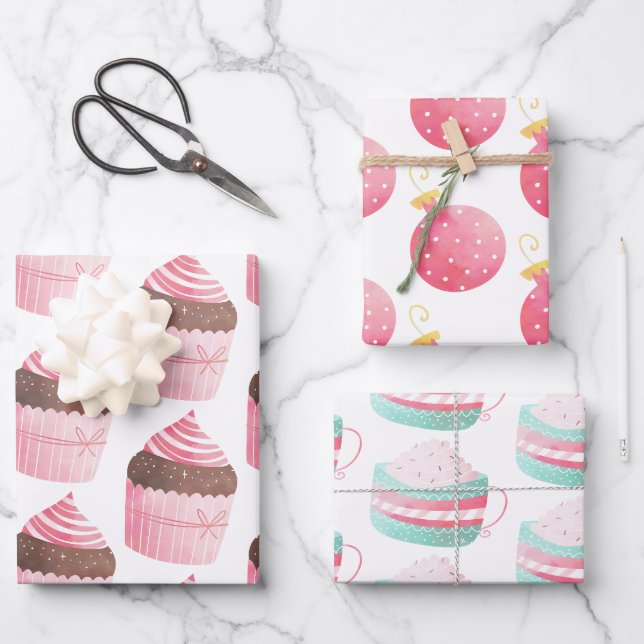 Pink Watercolor Cupcake Christmas Wrapping Paper (Front)