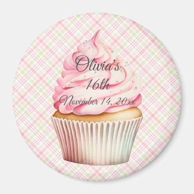 Pink Watercolor Cupcake Save the Date Magnet (Front)