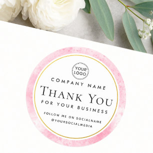 Pink watercolor custom logo business thank you classic round sticker