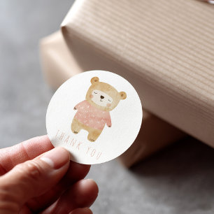 Pink Watercolor cute Bear Thank You Classic Round Sticker