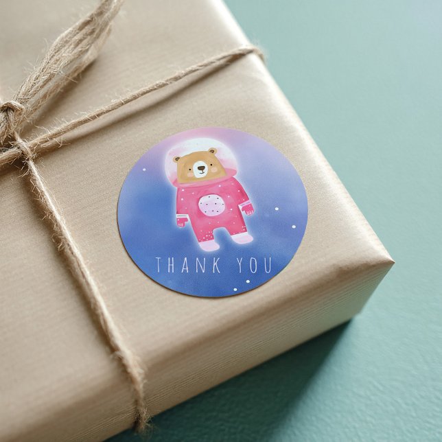 Pink Watercolor cute Bear Thank You Square Sticker (Pink girl space bear thank you astronaut sticker)