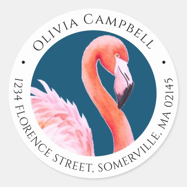 Pink Watercolor Cute Flamingo Blue Address Classic Round Sticker (Front)