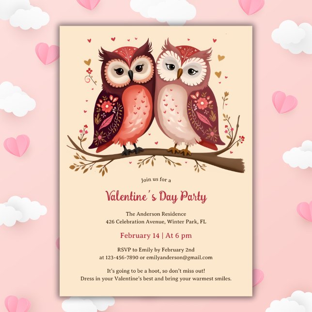 Pink Watercolor Cute Owls Valentine's Day Party Invitation (Pink Hearts Watercolor Cute Owls Valentine's Day Party Invitation)