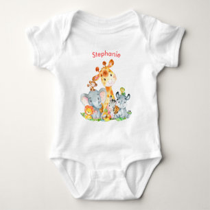 Pink Watercolor Cute Safari Jungle Animals Baby Bodysuit