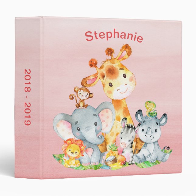 Pink Watercolor Cute Safari Jungle Animals Binder (Front/Spine)