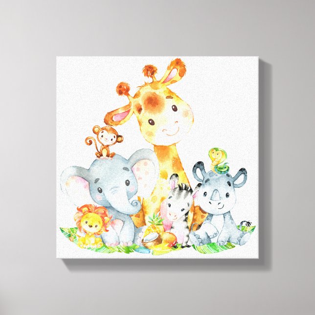 Pink Watercolor Cute Safari Jungle Animals Canvas Print (Front)