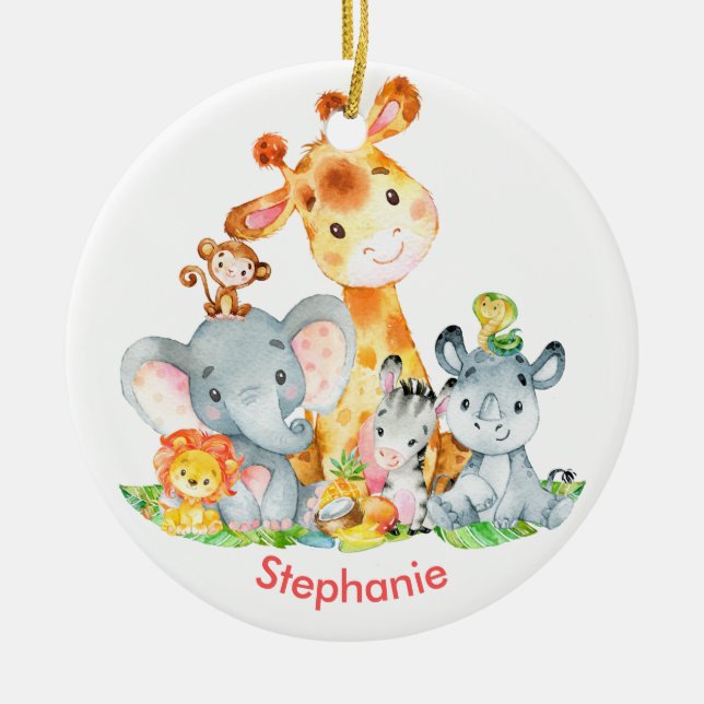 Pink Watercolor Cute Safari Jungle Animals Ceramic Ornament (Front)