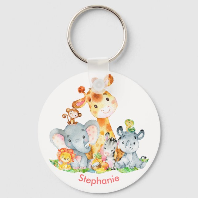 Pink Watercolor Cute Safari Jungle Animals Keychain (Front)