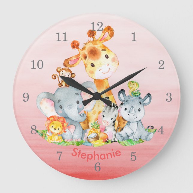 Pink Watercolor Cute Safari Jungle Animals Large Clock (Front)