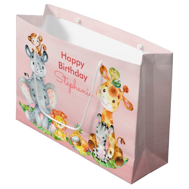 Pink Watercolor Cute Safari Jungle Animals Large Gift Bag (Front Angled)