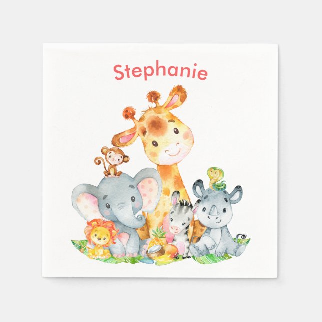 Pink Watercolor Cute Safari Jungle Animals Napkin (Front)