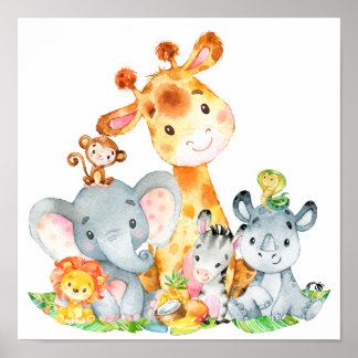 Pink Watercolor Cute Safari Jungle Animals Poster
