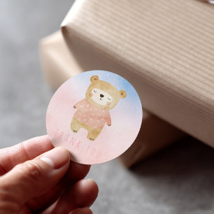 Pink Watercolor cute teddy Bear Thank You Classic Round Sticker