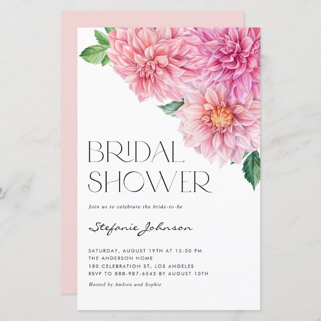 Pink Watercolor Dahlia Bridal Shower Invitation (Front/Back)