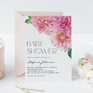 Pink Watercolor Dahlia Floral Baby Shower Invitation