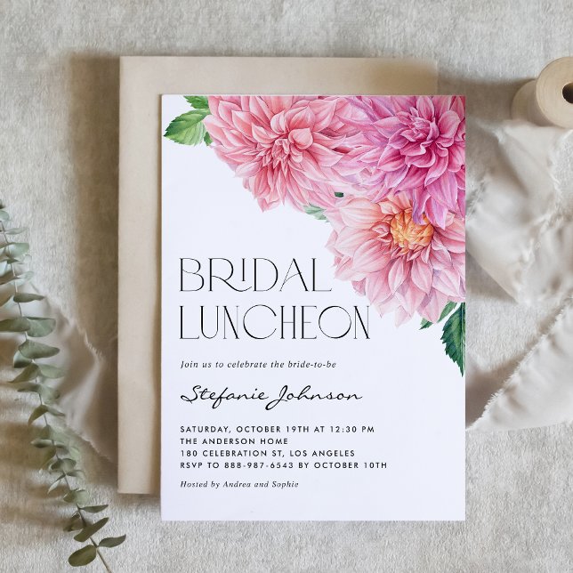 Pink Watercolor Dahlia Flowers Bridal Luncheon Invitation (Creator Uploaded)
