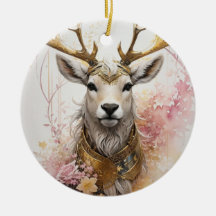 Pink Watercolor Deer Ceramic Christmas Ornament