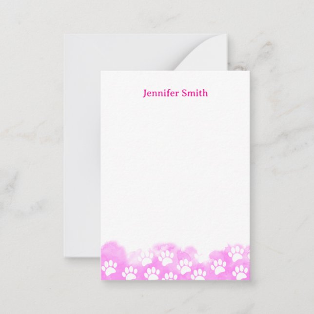 Pink Watercolor Dog Paw Personalized Stationery Card (Front)
