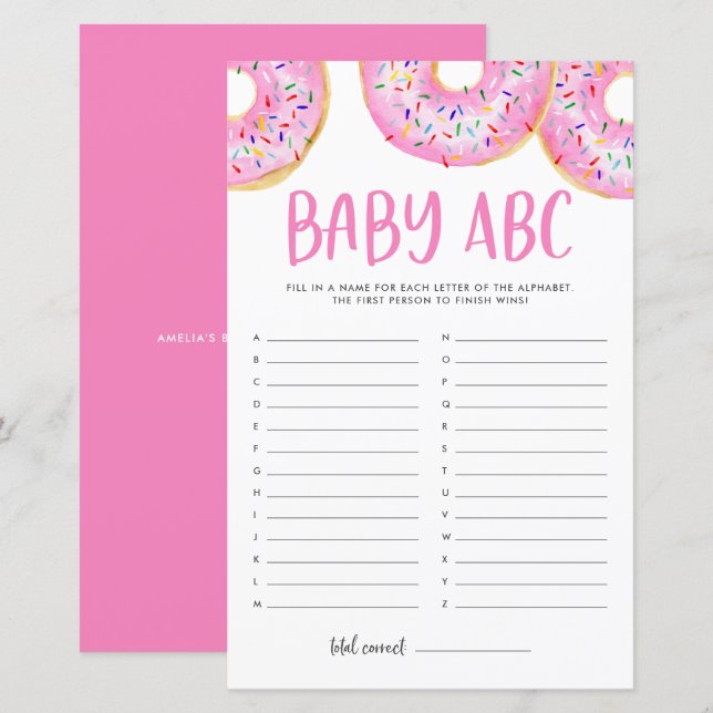Pink Watercolor Doughnuts Baby ABC Baby Shower Gam (Front/Back)