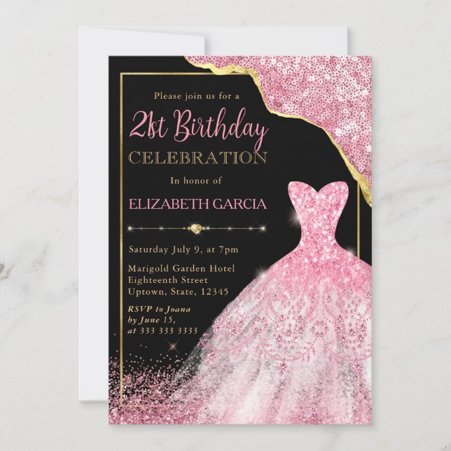 Pink Watercolor Dress and Glam Edge 21st Birthday Invitation (Front)