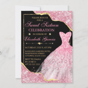 Pink Watercolor Dress & Glitter Glam Edge Sweet 16 Invitation